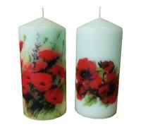 Pillar unscented Wax Candle Set of Two Poppy Flower Decoration Hand Decorated Relax Meditation Home Decor