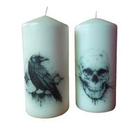 Pillar unscented Wax Candle Set of Two Raven and Skull Gothic Mystery Rituals Altar Display Decoration Hand Decorated Home Decor