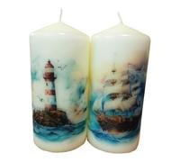 Pillar unscented Wax Candle Set of Two Ship and Lighthouse Decoration Hand Decorated Relax Meditation Home Decor