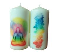 Pillar unscented Wax Candle Set of Two Yoga Chakra Symbol Decoration Hand Decorated Relax Meditation Home Decor