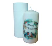 Pillar unscented Wax Christmas Candle Elegant Holiday Festive Candle Merry Christmas Wreath and Robins with White Gift Box Edition