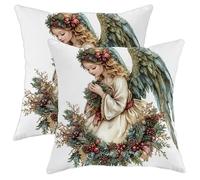 Pillow Case Cover Christmas Angel Aesthetic Vintage Fun Xmas Wreath Decorative Pillow Cases Cozy Pillowcases For Garden Living Room Patio Set Of 2