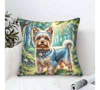 Pillow Case Yorkshire Terrier Puppy Modern Art Decorative,Dreamy Forest Fairy Tale Oil Painting Square Cushion Covers Soft Polyester Throw Pillow Cases Home for Livingroom Outdoor Sofa Decor 40x40cm