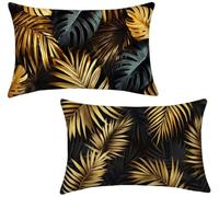 Pillow Cases 2 Pack 40x65cm Linen Cushion Cover Golden v-484 | Garden Cushions Leaf Sofa Cushion Covers, Vibrant Design, Room Decor, for Sofa Couch Balcony Bedroom Living Room