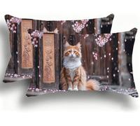 Pillow Cases 2 Pack, Cat Plum Blossom Cushion Covers Decorative Rectangle Pillow Cases, Linen Pink Cushions, Lumbar Pillowcase 12x24in with Invisible Zipper for Home Decor Sofa Bedroom 30x60cm W0VJ709