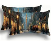 Pillow Cases 2 Pack, London Cushion Covers Decorative Rectangle Pillow Cases, velvet Street View Cushions, Lumbar Pillowcase 10x20in with Invisible Zipper for Home Decor Sofa Bedroom 25x50cm W0VJ-947