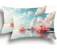 Pillow Cases 2 Pack, Lotus Cushion Covers Decorative Rectangle Pillow Cases, Linen Pond Cushions, Lumbar Pillowcase 10x20in with Invisible Zipper for Home Decor Sofa Bedroom Car 25x50cm W0VJ-211