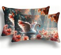 Pillow Cases 2 Pack, Lotus Cushion Covers Decorative Rectangle Pillow Cases, Linen Swan Cushions, Lumbar Pillowcase 10x20in with Invisible Zipper for Home Decor Sofa Bedroom Car 25x50cm W0VJ-179