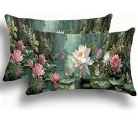 Pillow Cases 2 Pack, Lotus Cushion Covers Decorative Rectangle Pillow Cases, Linen White Cushions, Lumbar Pillowcase 10x20in with Invisible Zipper for Home Decor Sofa Bedroom Car 25x50cm W0VJ-103