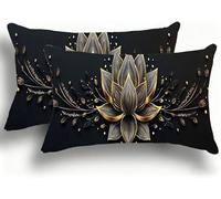 Pillow Cases 2 Pack, Lotus Cushion Covers Decorative Rectangle Pillow Cases, velvet Black Cushions, Lumbar Pillowcase 10x20in with Invisible Zipper for Home Decor Sofa Bedroom Car 25x50cm W0VJ-208