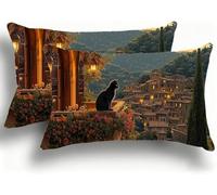 Pillow Cases 2 Pack, Scenery Cushion Covers Decorative Rectangle Pillow Cases, Linen Black Cat Cushions, Lumbar Pillowcase 14x28in with Invisible Zipper for Home Decor Sofa Bedroom Car 40x80cm W0VJ143