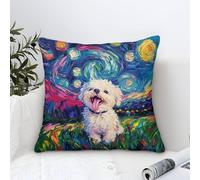 Pillow Cases Bichon Frise Dog Modern Art Decorative,Pastoral Starry Night Pattern Square Cotton Cushion Covers Soft Polyester Throw Pillow Cases for Sofa Patio Home Decor 45x45cm