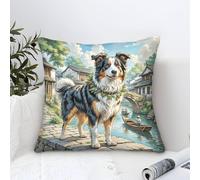 Pillow Cases Border Collie Dog Modern Art Decorative,Chinese - Style Ancient Town Oil Painting Square Cushion Cases Soft Polyester Throw Pillow Cover Home for Livingroom Outdoor Sofa Decor 45x45cm