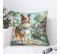 Pillow Cases Border Collie Dog Modern Art Decorative,Chinese Water Town Oil Painting Square Cotton Cushion Covers Soft Polyester Throw Pillow Cases for Sofa Patio Home Decor 50x50cm