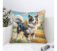 Pillow Cases Border Collie Dog Modern Art Decorative,Golden Wheat Field Oil Painting Square Cushion Cover Soft Polyester Pillowcases for Couch Bedroom Sofa Car Home Living Room Decor 40x40cm