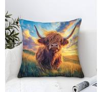 Pillow Cases Highland Cow Modern Art Decorative,Pastoral Sunset Pattern Square Cushion Cases Soft Polyester Throw Pillow Cover Home for Livingroom Outdoor Garden Sofa Decor 45x45cm