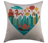 Pillow Cover City Love Hong K Skylines Built In Heart Shape Frame Dragon Panda And A Sailing Boat Multicolor Cushion Case Decorative Pillow Protectors For Sofa Bed Chair Couch 45X45 Cm