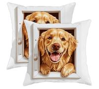 Pillow Cover Cute Golden Retriever Dog Fun Window Puppy Machine Washable Throw Pillow Cases Breathable Pillowcases For Autumn Home Living Room Set Of 2