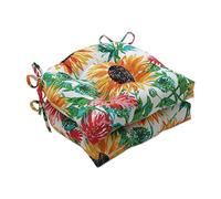 Pillow Perfect Bright Floral Indoor/Outdoor Chairpad with Ties, Reversible, Tufted, Weather, and Fade Resistant, 15.5" x 16", Yellow/Green Sunflowers, 2 Count