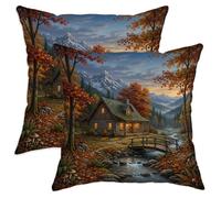 Pillowcase Orange Mountain River Cabin Autumn Soft Pillowcases Breathable Cushion Cover Case For Sofa Living Room Balcony 2 Pack