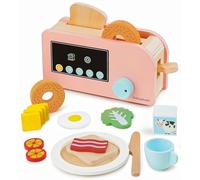 Pillowhale 4-Slice Wooden Pop-Up Toaster Set, 17 pcs - Bagels, Bread & Breakfast Play Food, Kids Kitchen Accessories, Pretend Wooden Breakfast Set Toy for Boys & Girls Age 3+