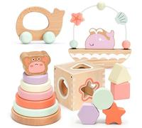 Pillowhale Montessori Wooden Toys Set for Toddlers 12M+ - 4-in-1 Educational Toy with Stacking Rings, Shape Sorter, Bead Maze & Push Car