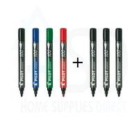 Pilot 100 Permanent Marker Pen Pack - 7 Pack (Black, Blue, Green, Red) 4.5mm Bullet Tip - Waterproof, Uv Resistant