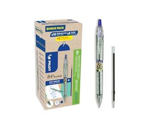 Pilot 94297 Bonuspack 10 Pens and 10 Refills B2P Ecoball, Blue, Tip 1 mm | Retractable and Refillable Bottle Pen - Made in France - Blue - Medium Tip (1 mm)