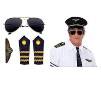 WIDMANN 00085 Pilot Set, 3 Pieces, Sunglasses, Epaulettes, Badge, Disguise Set, Accessory, Carnival, Theme Party (Blue/Gold)