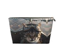 Pilot Cat In Vintage Plane Leather Makeup Bag, Travel Cosmetic Toiletry Bag for Women, Large Capacity Makeup Pouch, Zipper Makeup Bag Organizer