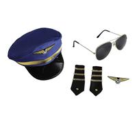 Pilot Costume Accessories Kit Include Captain Hat, Sunglasses, Wings Badge For Cop Halloween Party Blue One Size