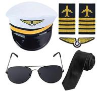 Pilot Costume Kit with Aviator Hat Sunglasses Tie for Men Aviation Airline Captain Halloween Dress Up Costume Accessory