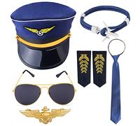 Pilot Costume Kit With Hat Aviator Sunglasses Tie Pin for Men Aviation Halloween Dress Up Accessories Set
