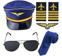 Pilot Costume Kit with Hat Sunglasses Tie for Men Aviation Airline Halloween Dress Up Costume Accessory