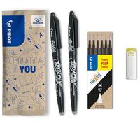 PILOT - FriXion Ball Erasable Pen 0.7mm - 2 Black Pens + 6 Refills & Eraser | WRITE & REFILL: 0.7mm erasable black rollerball pen with 6 refills and eraser for easy corrections and long-lasting use.