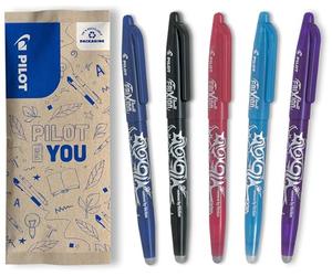 PILOT Frixion Ball Erasable Rollerball Pen Set of 5 (Blue, Black, Pink, Light Blue, Purple)