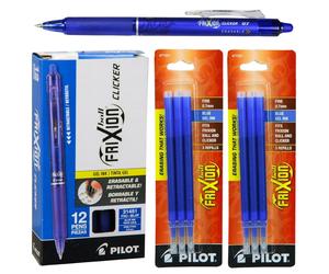 Pilot FriXion Clicker Retractable Gel Ink Pens Eraseable Fine Point 0.7mm Blue Ink Pack of 12 with Bonus 2 Packs of Refills
