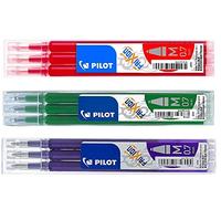 Pilot Frixion erasable pens refill, 9 refill bundle Green, Red, Violet or Purple gel ink fine pt 0.7mm, assorted colors