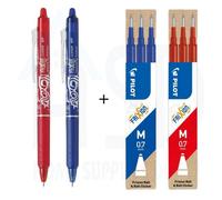 Pilot Frixion Retractable Pen - 2 Pack (Red & Blue) + Matching Refills Medium 0.7mm - Erasable Ink