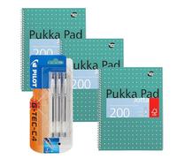 Pilot G-Tec C4 Gel Microtip Rollerball Pen 0.4 mm Tip Black 3 Pack and 3x Pukka Pad A4 Metallic Jotta Book Wirebound Notebook, 8mm Lines 80GSM Paper, 4-Hole Punch Margins, Perforated Edges 200 Pages
