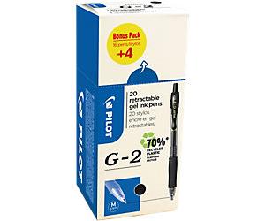 Pilot G2 Retractable Rollerball Pen Black 0.4 mm Medium Conical Refillable 70% Recycled Pack of 20