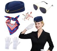 Pilot Hat Costume Set Adults Flight Attendant Fancy Dress Kit Captain Party Cosplay Accessories Airline Stewardess Costume Hat Brooch Gloves Sunglasses for Halloween Dress Up Flying Partys (Women)