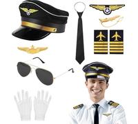 Pilot Hat Costume Set Adults Flight Attendant Fancy Dress Kit Captain Party Cosplay Accessories Airline Stewardess Costume Hat Brooch Gloves Sunglasses for Halloween Dress Up Flying Partys (Man)