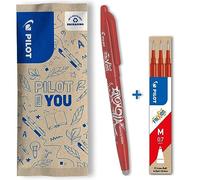 PILOT - Set of 1 Frixion Ball + 1 set of 3 refills - Erasable pen with heat-sensitive ink - Refillable rollerball pen made from recycled plastic - Red - Medium tip