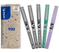 PILOT - Set of 5 V5 - Liquid Ink Roller Pen for Smooth and Precise Writing - Quick Drying, No Bleed - 3 Black, 1 Green, 1 Purple - 0.5 mm Fine Tip
