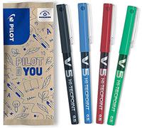 PILOT - V5 Hi-Tecpoint Liquid Ink Rollerball 0.5mm - Assorted - Pack of 4 | SMOOTH & COLOURFUL: V5 Hi-Tecpoint liquid ink rollerball pens with 0.5mm tips in black, blue, red and green