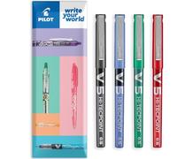 PILOT V5 Hi-Tecpoint Rollerball Pen - Fine 0.5mm Nib - In Envelope Gift Packaging - Pack of 4 - Black, Blue, Green & Red Ink