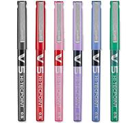 PILOT V5 Hi-Tecpoint Rollerball Pen - Fine 0.5mm Nib Tip - 0.3mm Line Width - Pack of 6 - Black, Blue, Red, Green, Violet & Pink
