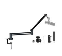 PILSAMAS Low Profile Mic Arm, Height Adjustable Boom Arm Mic Stand Desk Mount with Phone Holder, Cable Management, Detachable Rise Column- Metal Microphone Stand for Recording Streaming Gaming