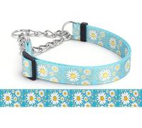 Pimaodog Martingale Dog Collar, Trainer Approved Limited Slip Collar with Daisy Floral Design Stainless Steel Chain Modified Cinch Collar for Gentle & Effective Pet Training (Light Blue, Large)